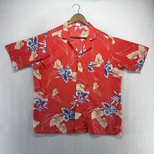 Vintage Designer Collection Hawaiian Shirt Mens Large Red Floral Aloha Rayon USA